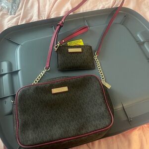 Michael Kors Pink and Brown Crossbody Bag and Wallet Set